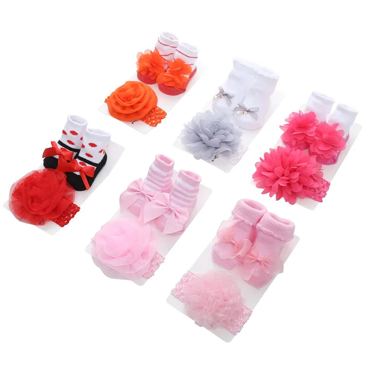 KonLee Hot Selling 40 Species Korean Inspired Lace Flower and Bow Headband Set Anti-Slip Baby Socks Winter Stock