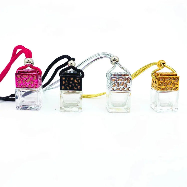 Clear Glass Car Perfume Bottle Pendant 8ml Square Diffuser Bottle Empty Hanging with Electroplating Black Gold Silver Pink Cap