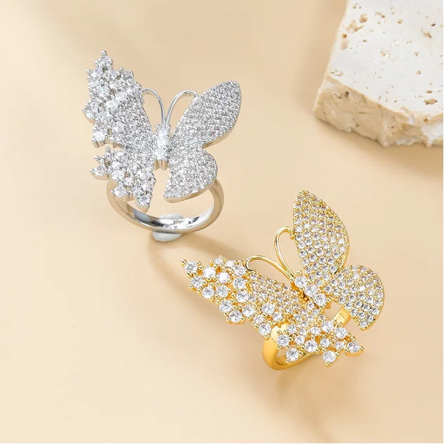 Luxury Zircon Butterfly Rings for Women Girls Open Adjustable Copper Hoop Ring Couple Wedding Jewelry Gift