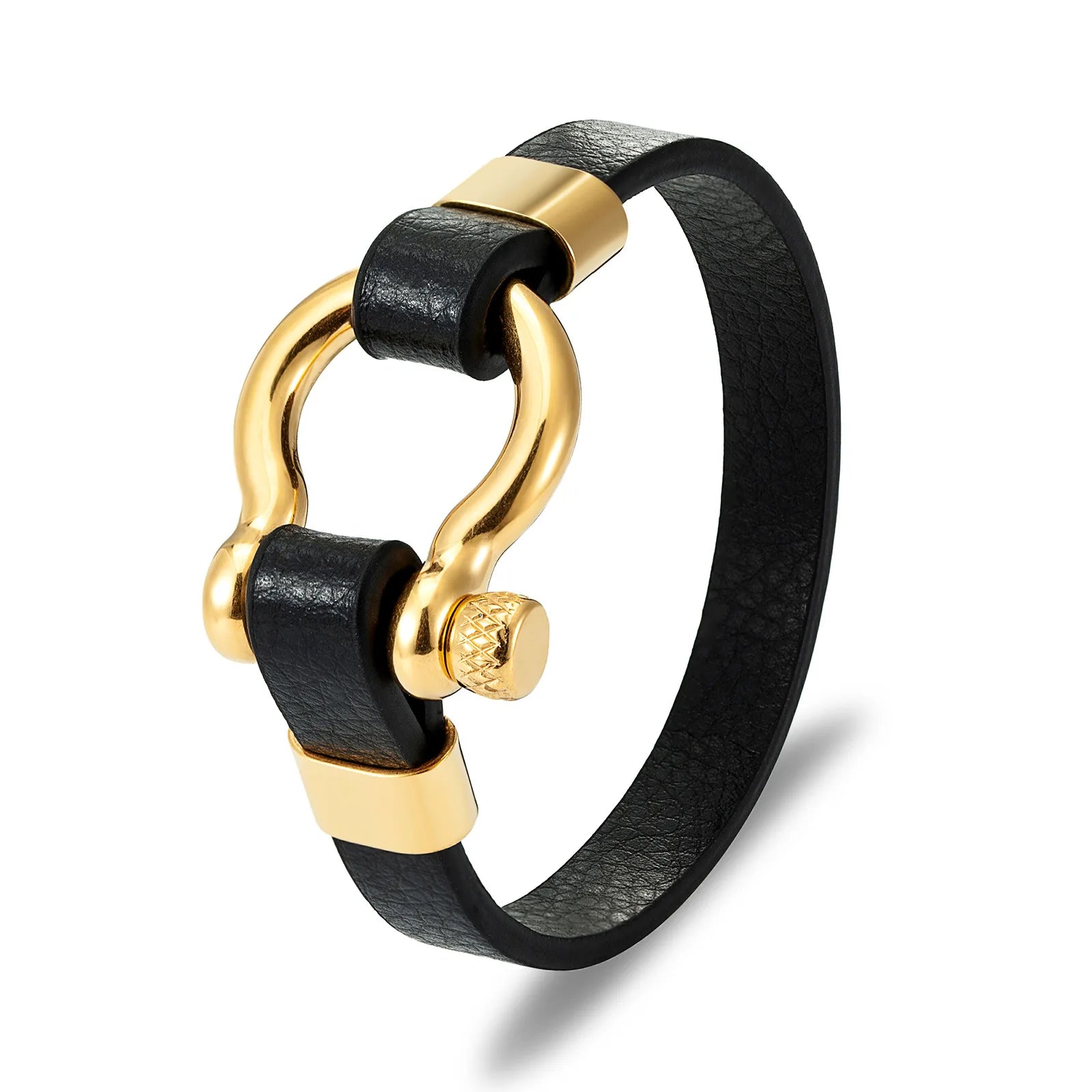 High Quality New Design Stainless Steel Horseshoe Shaped Genuine Leather Bracelet Bangle for Men