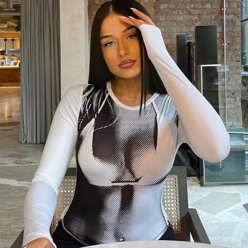 Streetwear Long Sleeve Crop Tee Top Women Y2K Clothes Style O-neck T Shirt Print Goth High Street 2023 Spring Gothic Breathable