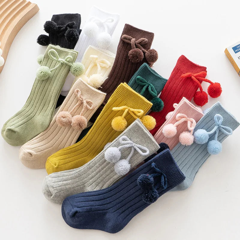 Whale New Stock 13 Colors Spring Knee High 200N Combed Cotton Knitted Ribbed Pompom Sweet Children Colorful Kids Baby Socks