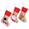 Lovely Christmas Stockings Set of 3 Santa Snowman Reindeer Xmas Character 3D Plush Linen Hanging Tag Knit Border