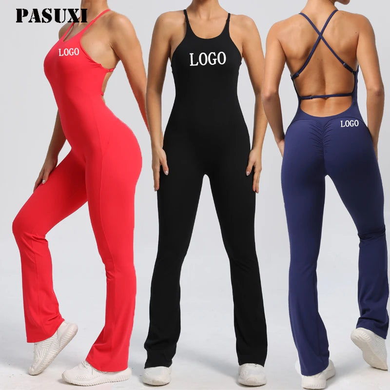 PASUXI New Custom Women's Yoga Jumpsuit Fitness Bodysuit One Piece Gym Plus Size Yoga Flare Jumpsuits for Women
