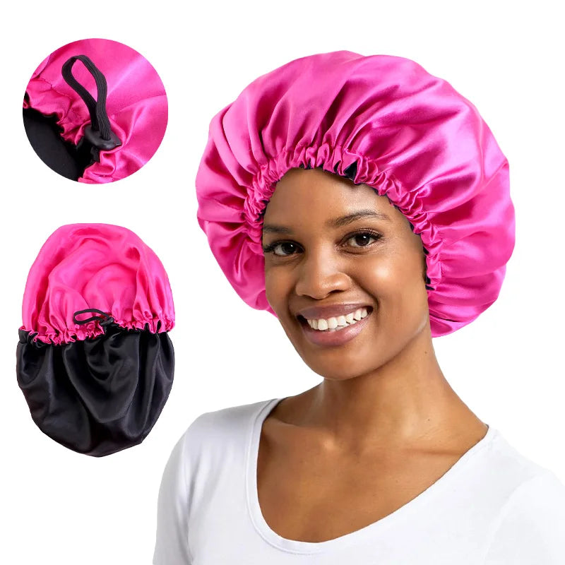 Wholesale Large Size Sleep Bonnets Double Layer Hats Unisex Satin Hair Bonnets With Adjustable Band