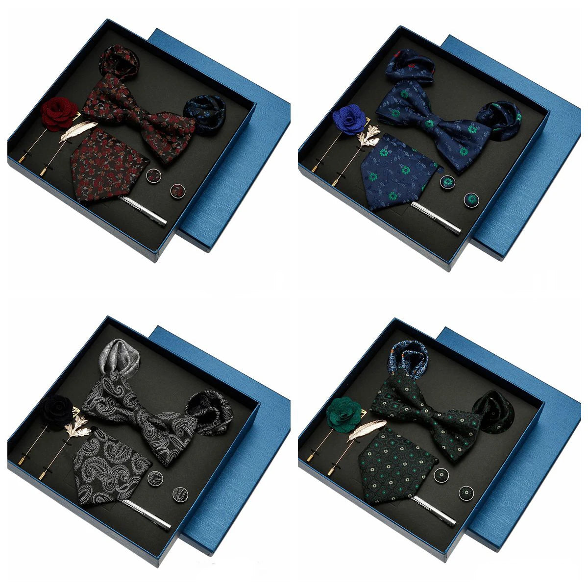 8pcs Floral Paisley Jacquard Design Bow Tie Hanky Gift Set Men Logo Brooches Cuff Links Accessories Business Wedding Wholesale