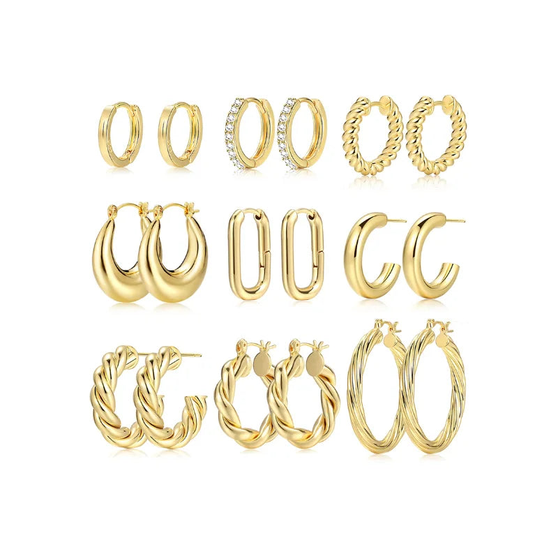 9 Pairs Gold Hoop Earrings for Women 14K Gold Plated Lightweight Chunky Twisted Hoop Earrings Set for Women Jewelry Gift