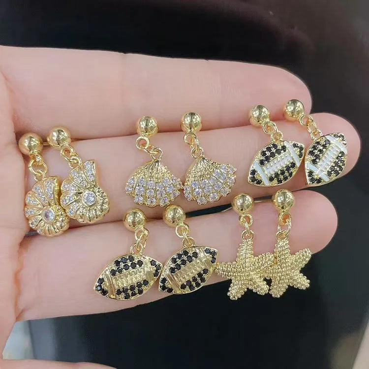 EC2065 Fashion 18k Gold Plated CZ Pave Fish Clam Conch Sea Shell Marine Rugby Football Dangle Charm Stud Earrings