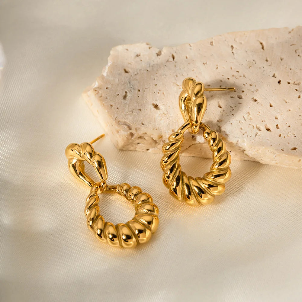 Exaggerated Stainless Steel 18K Solid Gold Plated Twist Hoop Drop Stud Earrings Women Fine Jewelry Earrings