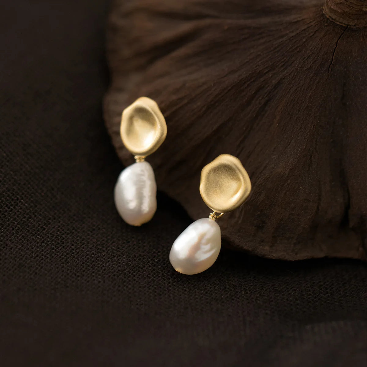 Daidan Earrings Sterling Silver Irregular Big Stud Pearl Matt 18K Gold Plated Real Pearl Earrings