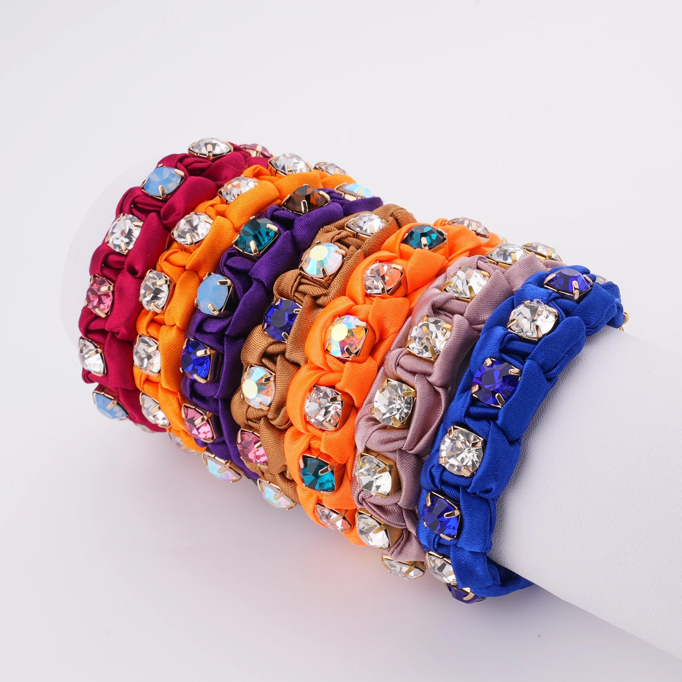 DIY Custom Handmade Boho Jewelry Bling Round Crystal Brass Chain Colorful Cloth Fabric Bracelets