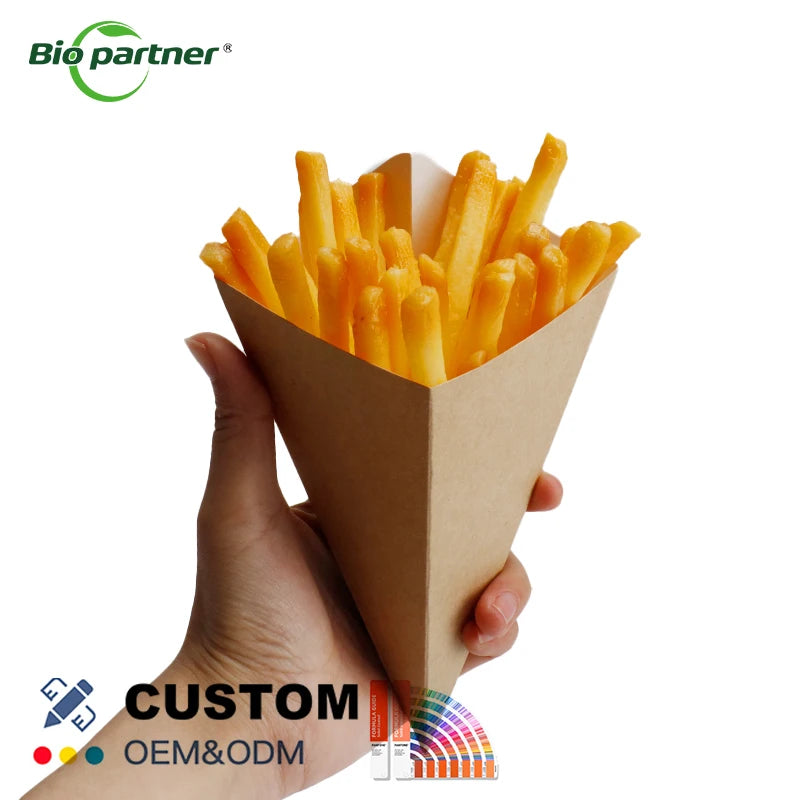 Reusable Double Wall Brown Chip Cone Holder Sauce Disposable Kraft Paper French Fries Cones Coated Paper for Food Industrial Use