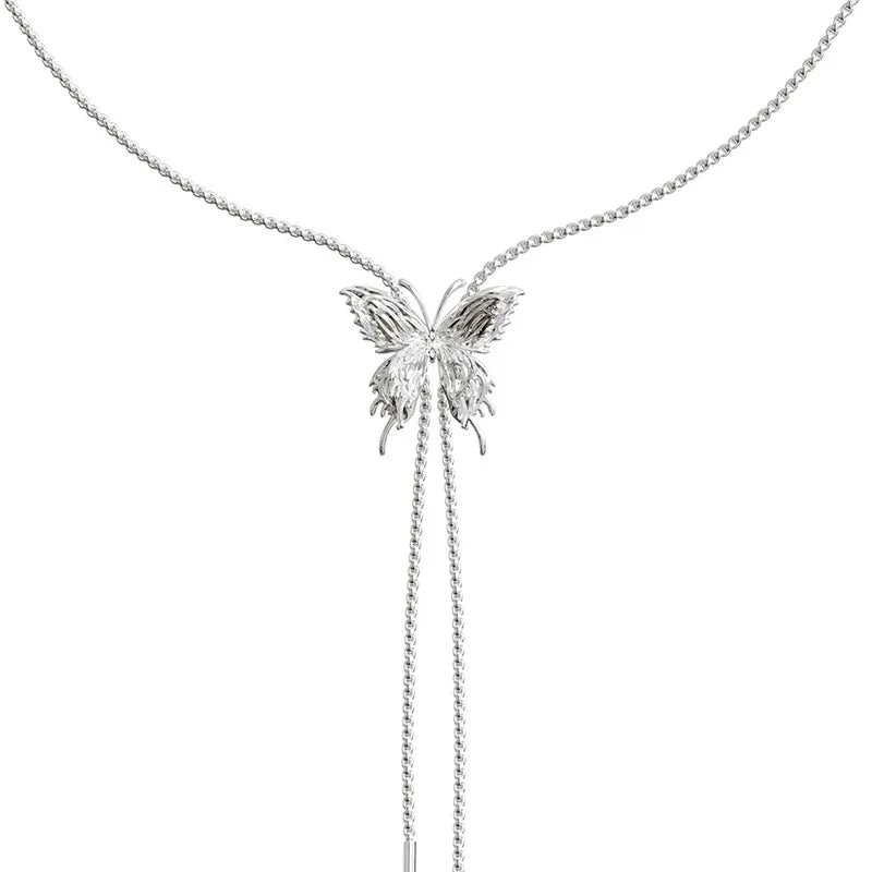 High-End Silver Butterfly Tassel Necklace for Women Elegant All-Match Collarbone Luxury Link Chain with Pearl Pendant for Gift
