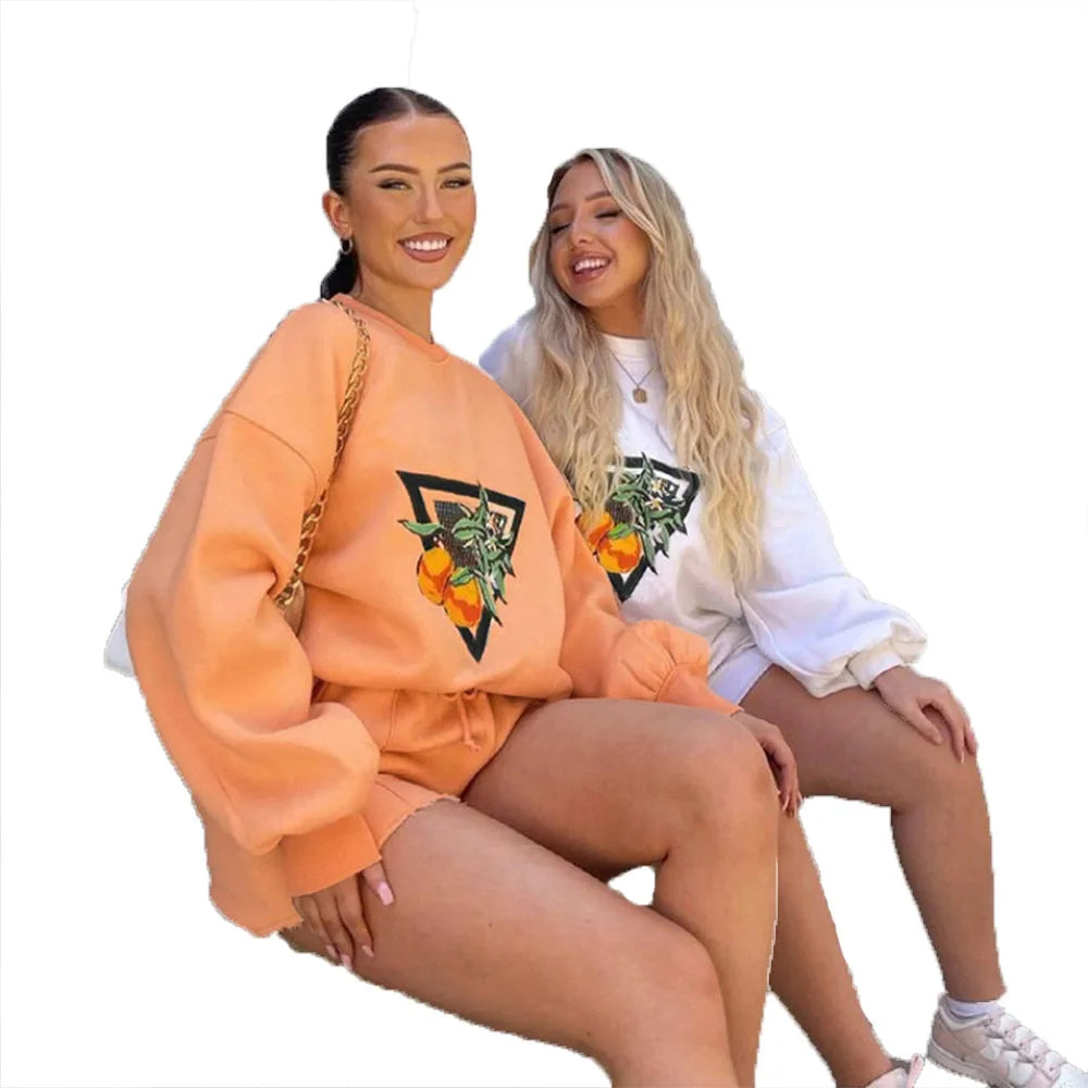 KY Custom Crewneck Sweatshirt for Women Oversized Cotton Fleece Pullover with Long Sleeves Embroidered Boxer Shorts 2 Pieces