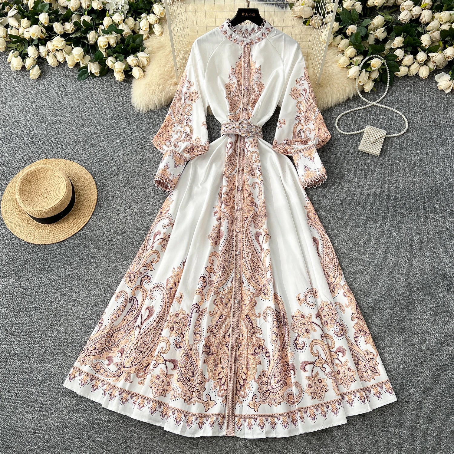 LW0694 Print Dress Women'S Spring Dress Retro Elegant Lantern Sleeve Pleated Long Skirt Printed Elegant Dresses 2025