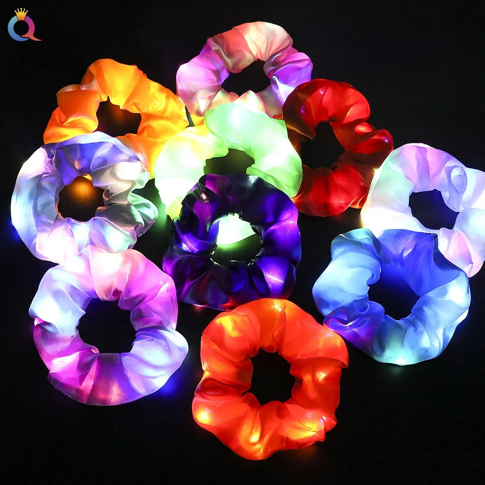 Qiyue  LED Light Satin Scrunchies Chouchou Night Flash LED Hair Tie Band Ponytail Holder