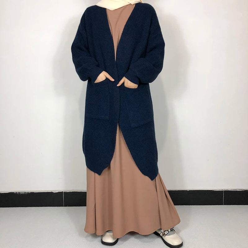 Cardigan Midi Thick Sweater Muslim Women Long Sleeve Coat Autumn Winter Islamic Clothing Wholesale Open Abaya