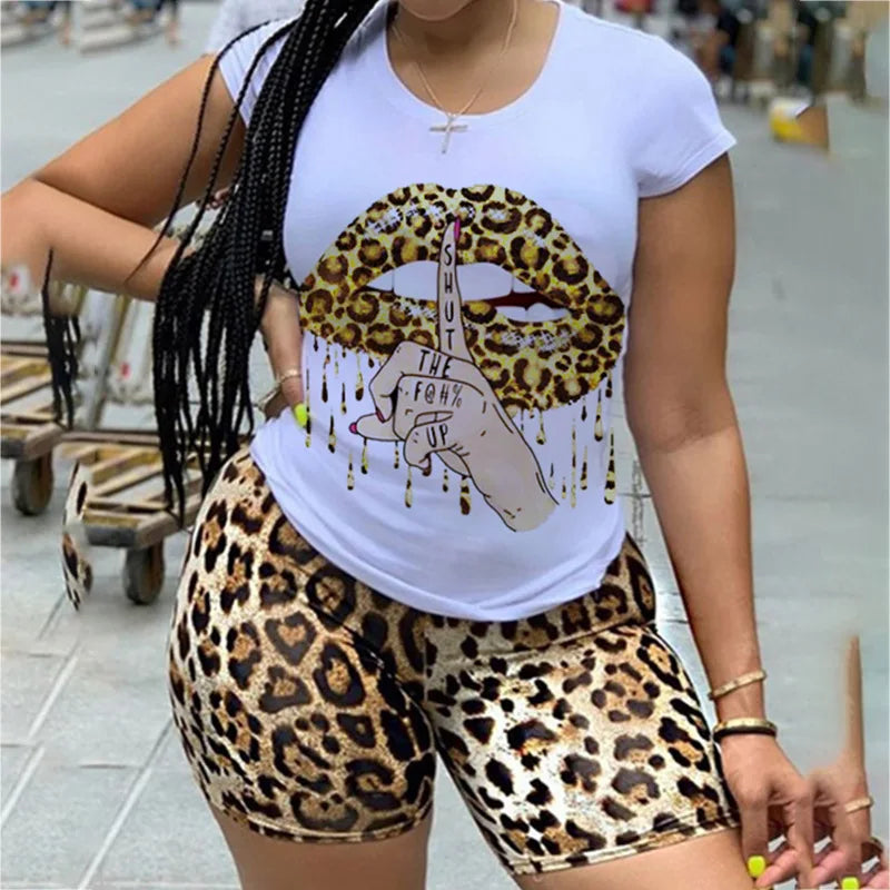 Custom Tracksuit Casual Leopard Print Sports Women'S Sets Sexy 2 Piece Summer Outfits Plus Size 5XL Two Piece Short Set
