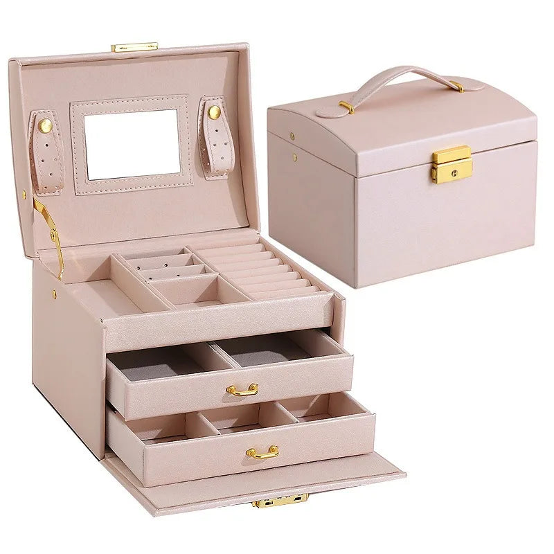 Hot Selling Zhuangqun Qx6604 Travel Handling Leather Lady Jewelry Storage Organizer Box with Mirror Multi-color Home or Shop Use