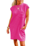 Hot Sale Women Casual Textured Pocket Dress  Crew Neck Solid Pink Shift Dresses Summer Loose Plus Size Mini Dress