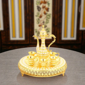 QIAN HU Luxury Moroccan Teapot Set 6-Piece Turkish Coffee & Tea Cups with Tray 600ml Metal Home & Wedding Decor for Hotels