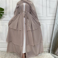 Elegant 3 Layer Chiffon Abaya Cardigan Women Solid Color Tiered Modest Muslim Kaftan Kimono Long Robe Outfit with Belt