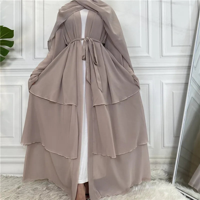 Elegant 3 Layer Chiffon Abaya Cardigan Women Solid Color Tiered Modest Muslim Kaftan Kimono Long Robe Outfit with Belt
