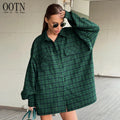 For OOTN 2024 Women's Double Pockets Casual Loose Top Dropped Shoulder Street Style Plaid Blouse Buttons Green Oversize Shacket