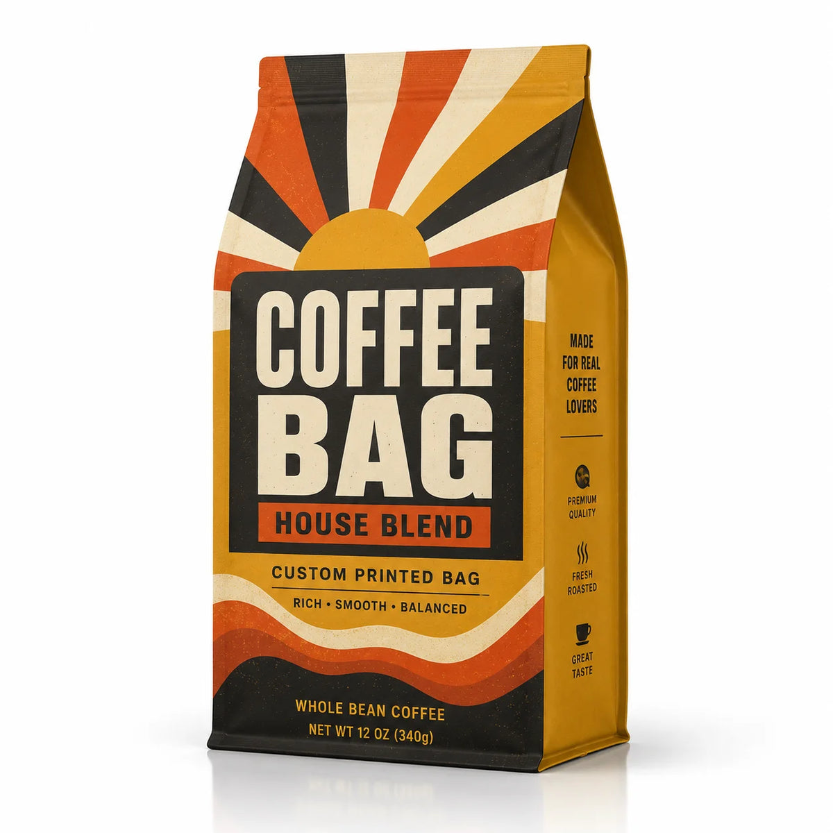 Custom Retro Coffee Bag House Blend Flat Bottom Pouch Sunburst Design Coffee Bean Packaging Supplier