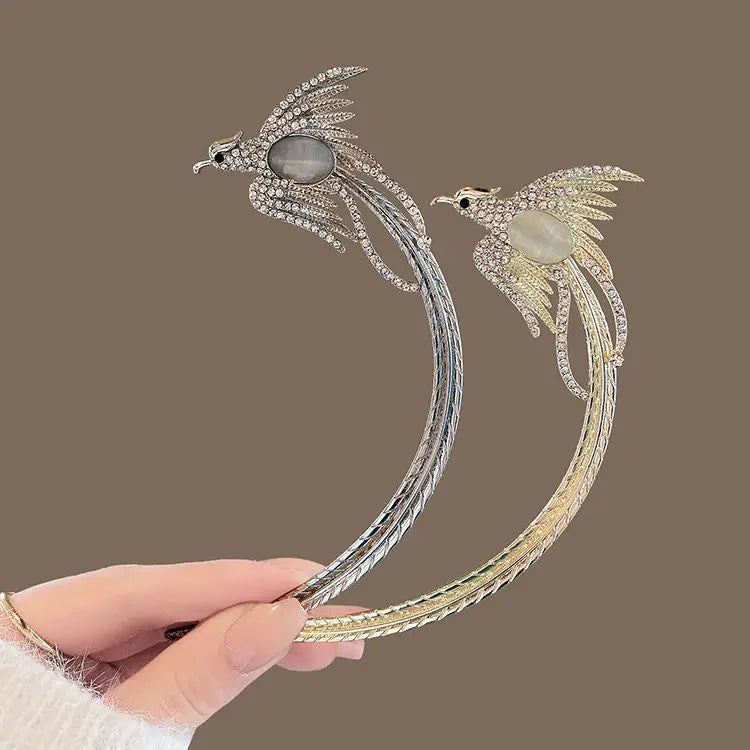 Meniscus Opal Phoenix Hair Stick Hairpin Chinese Hair Stick Tiara Chopstick for Women Moon Shaped Hair Clasp Tiaras Jewelry