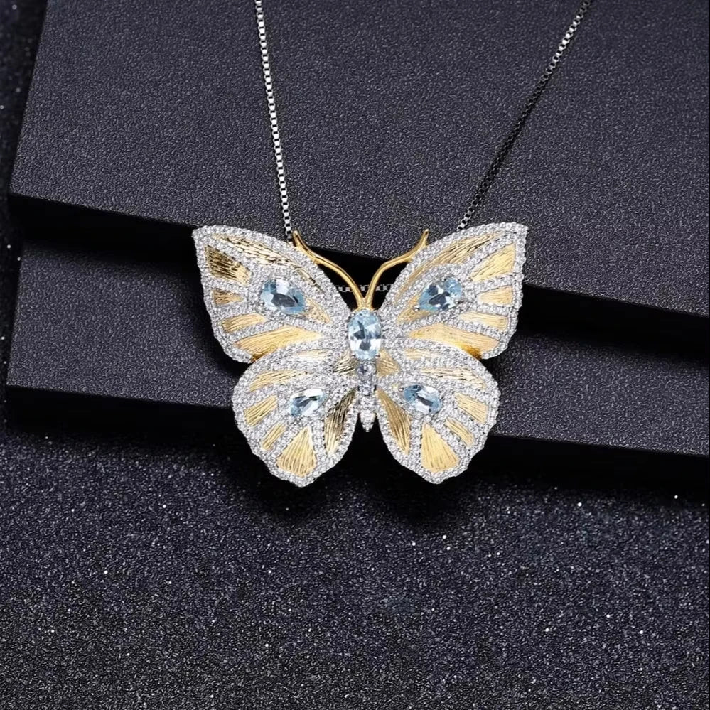 Abiding Luxury Elegant Jewelry 925 Sterling Silver Diffussion Sapphire Topaz Gold Plated Butterfly Brooch Pin Pendant for Women