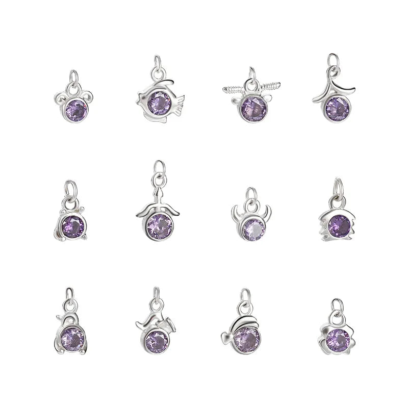 Small Amethyst Zodiac Charms 925 Sterling Silver Amethyst 12 Zodiac Pendant for DIY Necklace Jewelry Making