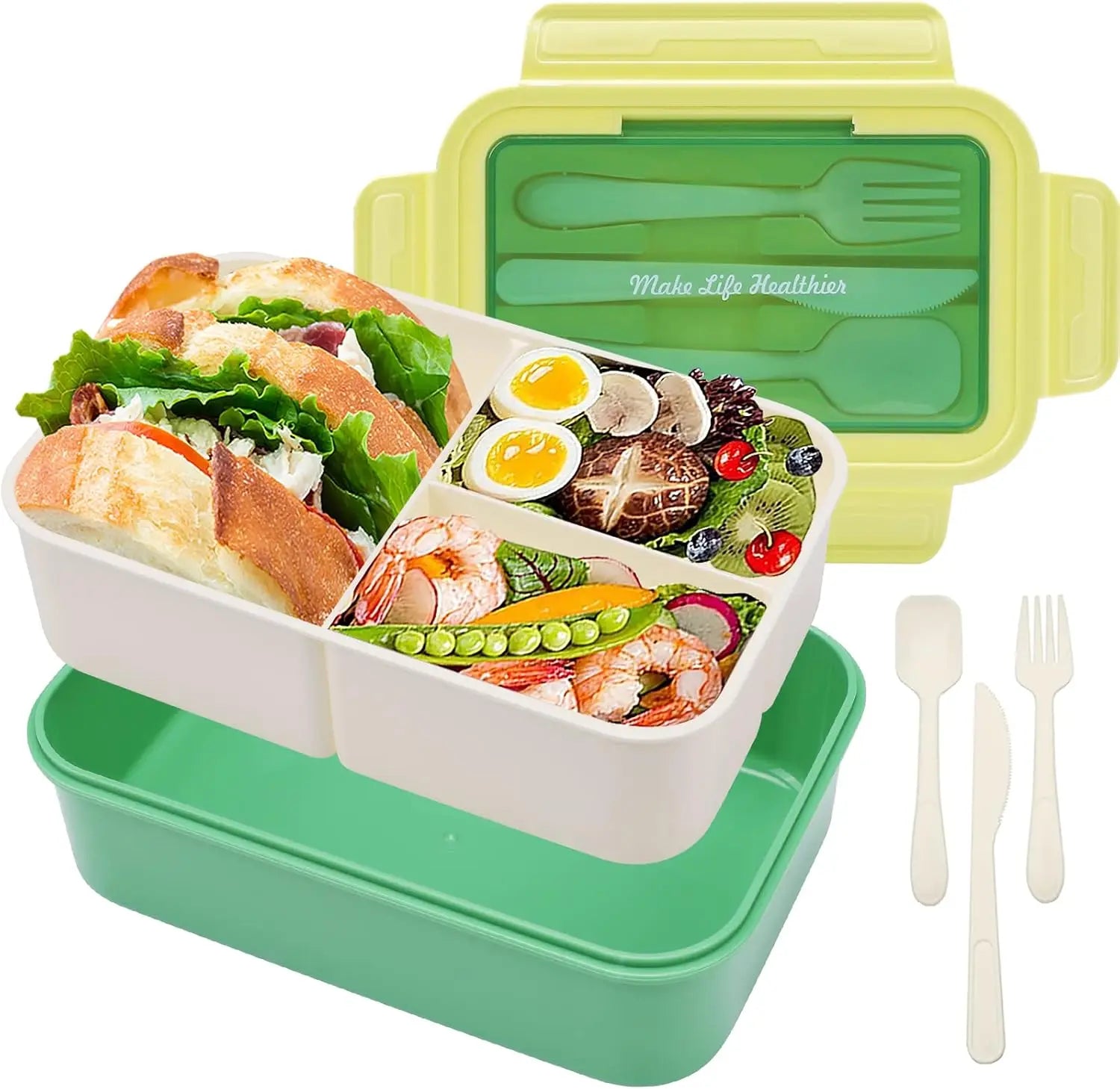 Yongli Lunch Box Food Storage Container with Fork & Spoon Knife Microwave Dishwasher Freezer Safe Bento Box