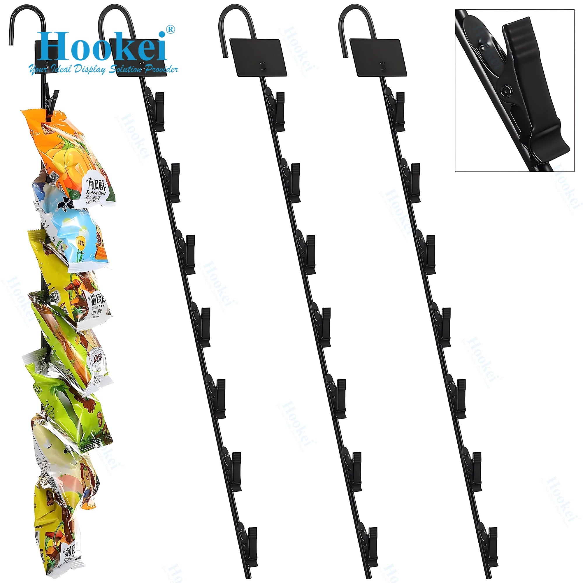 Black Supermarket Snack Rack Display Stand Hanger Metal Shelf Merchandising Hanging Clips Strips with 12 Clips