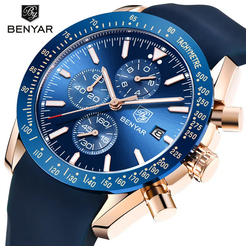 BENYAR 5140 Men Watch Fashion Blue Silicone Band Waterproof Quartz Watches Men's Multifunction Chronograph Luminous Luxury Wrist