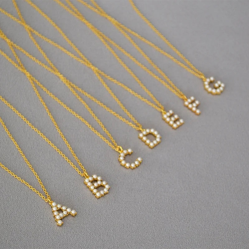 Eco-friendly Brass A-Z 26 English Letter Alphabet Pearl Initial Pendant Necklaces for Women