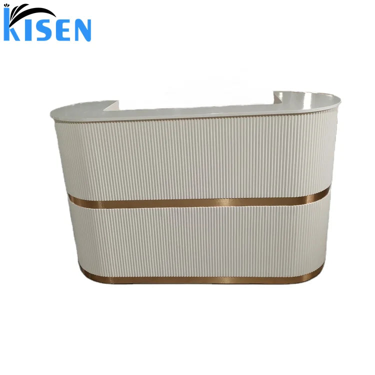 2024 New Design pink White Wood Round Front Table Reception Desk with logo Customized for Office and Beauty Spa Salon Use