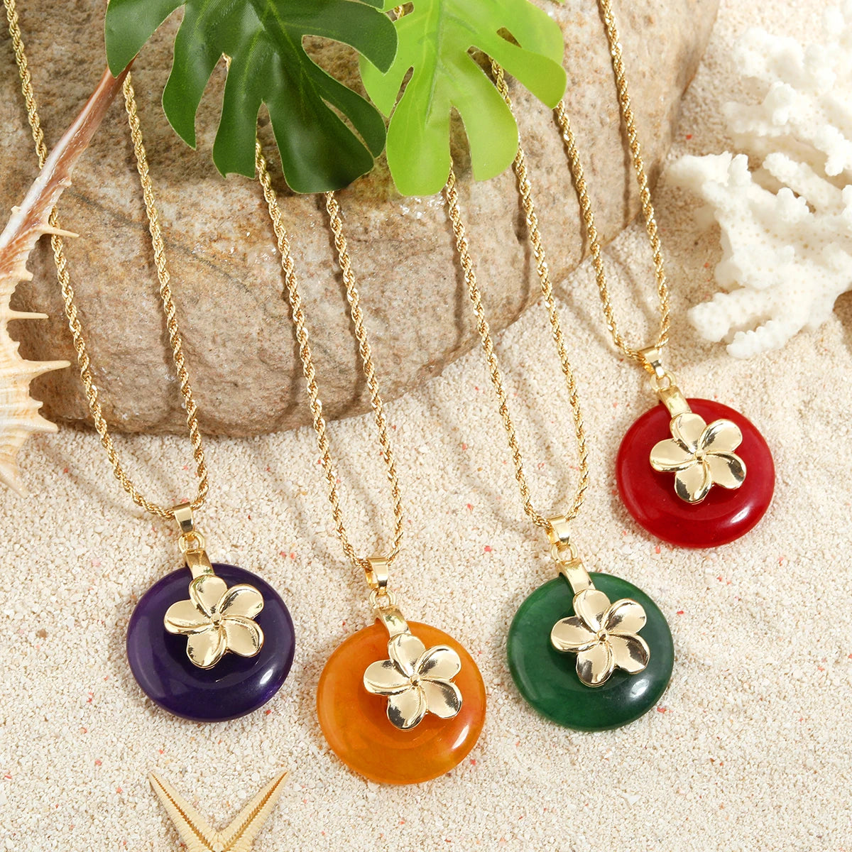 Hawaiian Hot Sale 18k Gold Plated Hawaiian Flower Jade Rope Chain Necklace Jewelry Wholesale