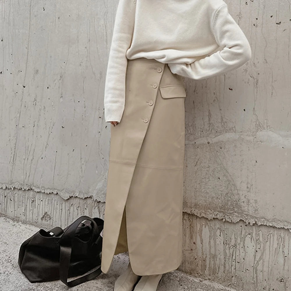 Enyami Streetwear Autumn Spring Fashion Design PU Leather Plush Leisure High Split Straight Long Skirts Women