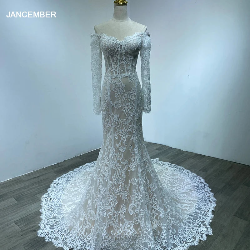 Custom-made Dark champagne Off Shoulder Plain Lace Mermaid Wedding Gown Sheath Elegant Wedding Dress WM07