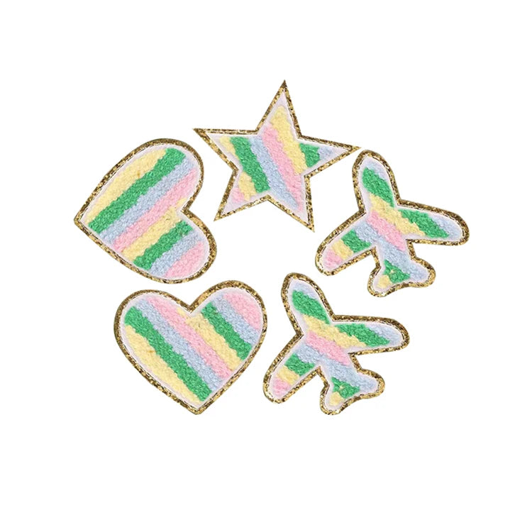 Rainbow Color Star Heart Airplane Shape Glitter Chenille Iron on Patches Embroidery
