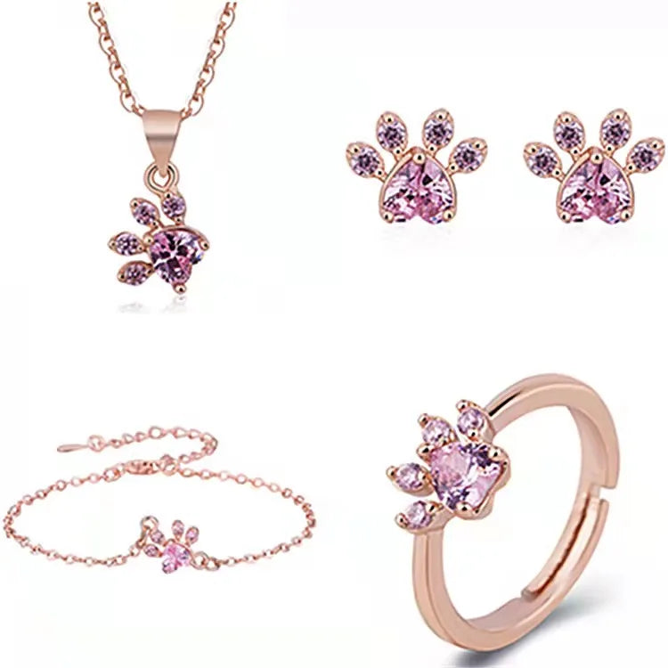 Dog Cat Paw Memorial CZ Pendant Necklace Animal Footprint Heart Love Necklace Earrings Bracelet Ring Jewelry Set for Women Girls
