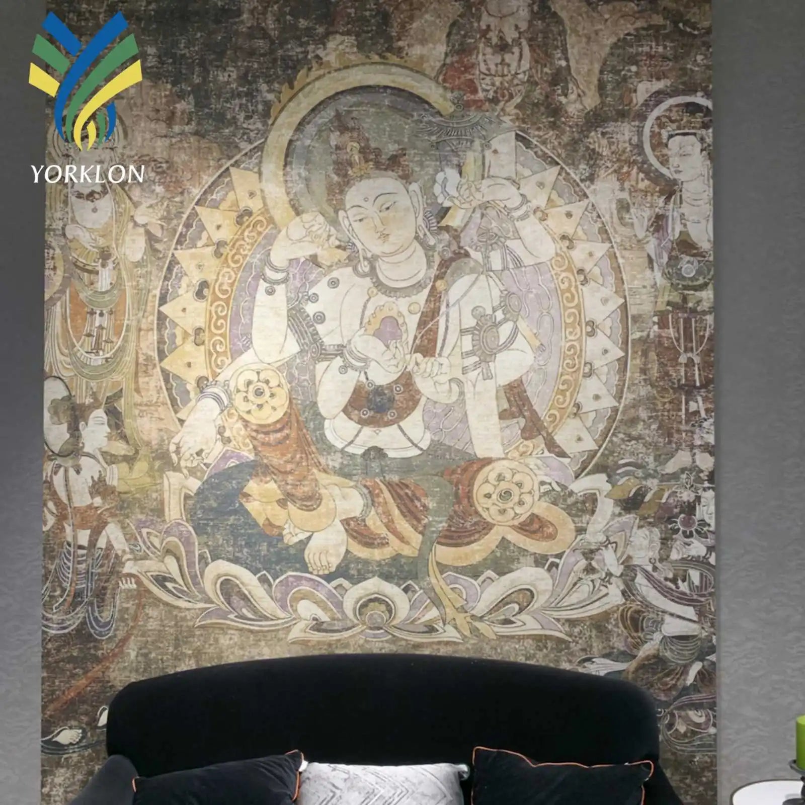 Custom 3D Buddha Wallpaper Chinoiserie Textile Silk Hand Lotus Mural Waterproof and Moisture-Proof