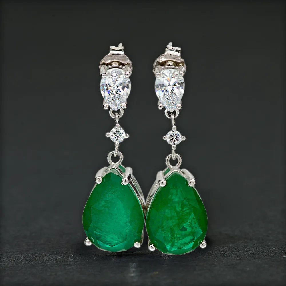 925 Sterling Silver Zirconia Drop Shaped Synthetic Green Emerald Zirconia Long Drop Earrings