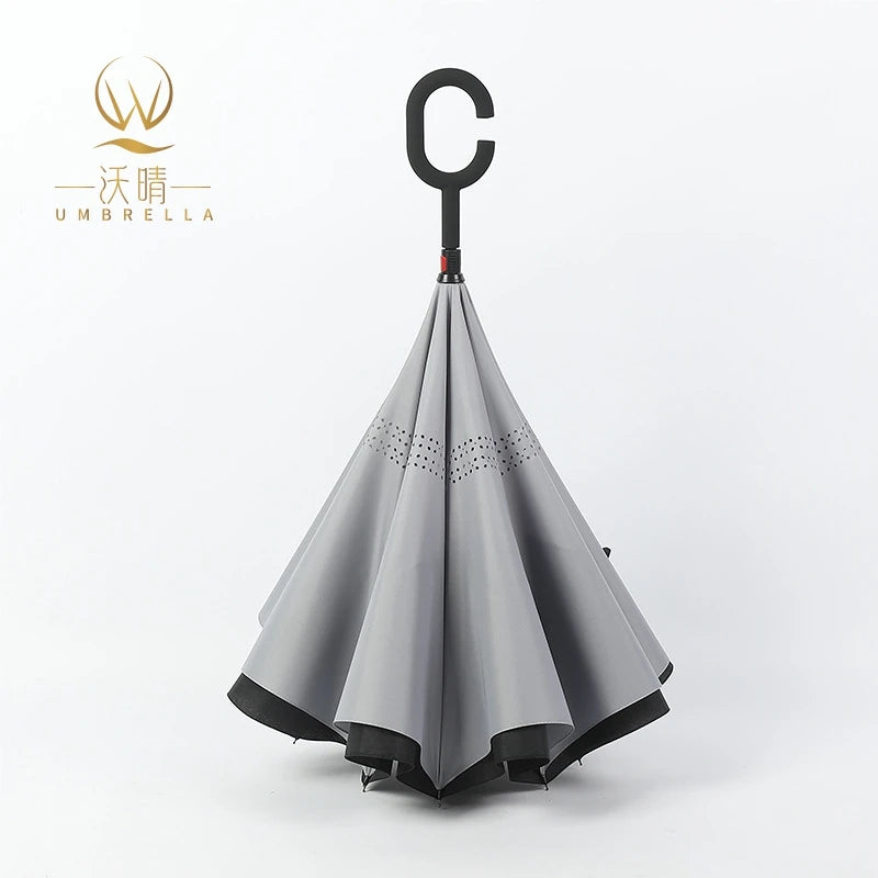 Folding Long Shank Double Layer Inverted Windproof Reverse C-hook Male Golf Umbrella Manual Customized Logo Good Quality Sunny