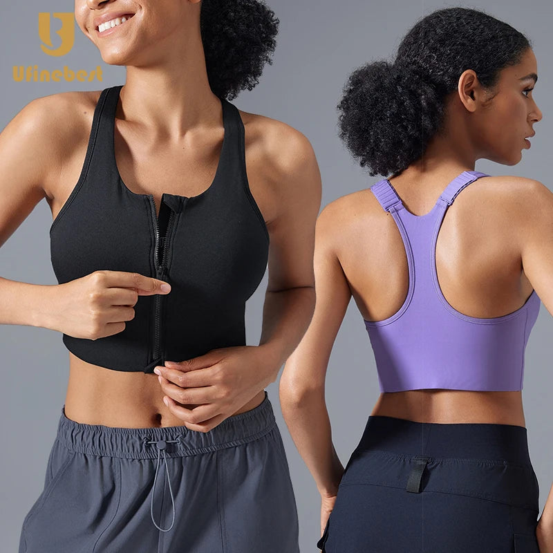 Custom Running Clothing Shockproof Gym Fitness Top Girl Adjustable Straps Yoga Bra Front Zipper Sports Bra Women