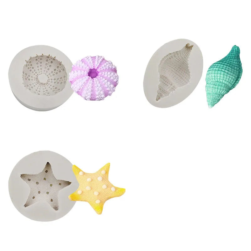 D5031 Ocean style shell fish tail Starfish Turn sugar Cake baking Pastries Chocolates Resin Mold Silicone 3D Mould