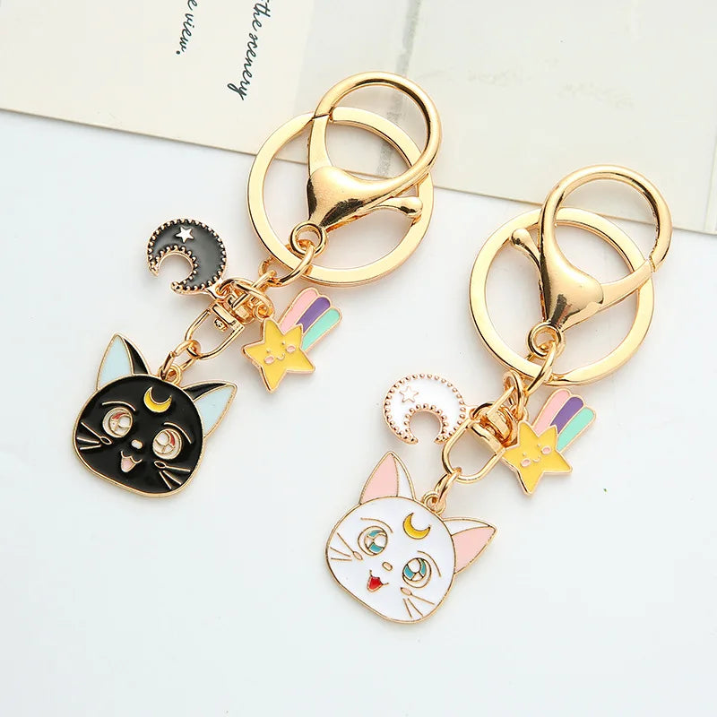 Wholesale Metal Enamel Moon Cat Cartoon Anime Keychain for Women Girls