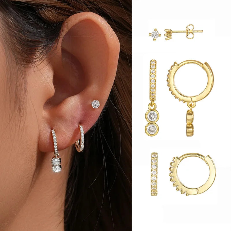 3Pairs/set Fashion Dangle Earrings Real Gold Plated Zircon High Quality Trendy Stud Earrings 925 Silver Posts Jewelry Set