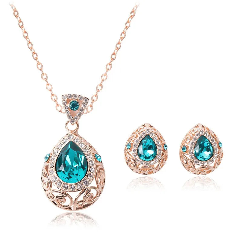 Fashion Jewelry Classic Alloy Crystal Rhinestone Drop Shape Earrings and Necklace Set Hot Selling Women